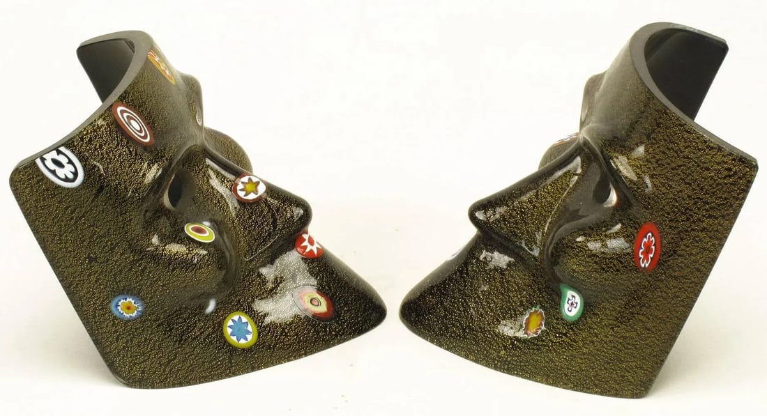 Handblown Gold Flecked and Fused Black Murano Glass Folk Arte Masks - 4