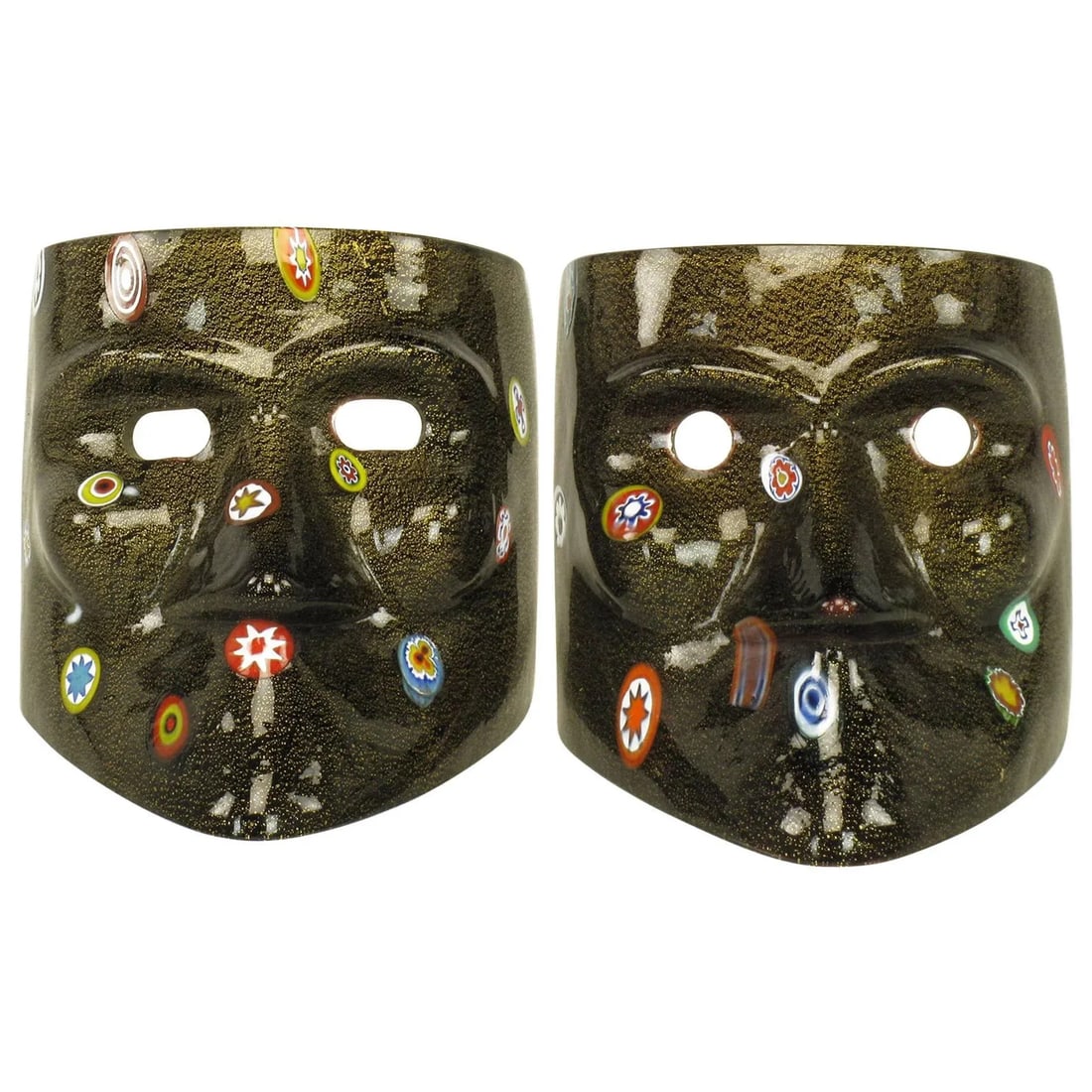 Handblown Gold Flecked and Fused Black Murano Glass Folk Arte Masks - 6