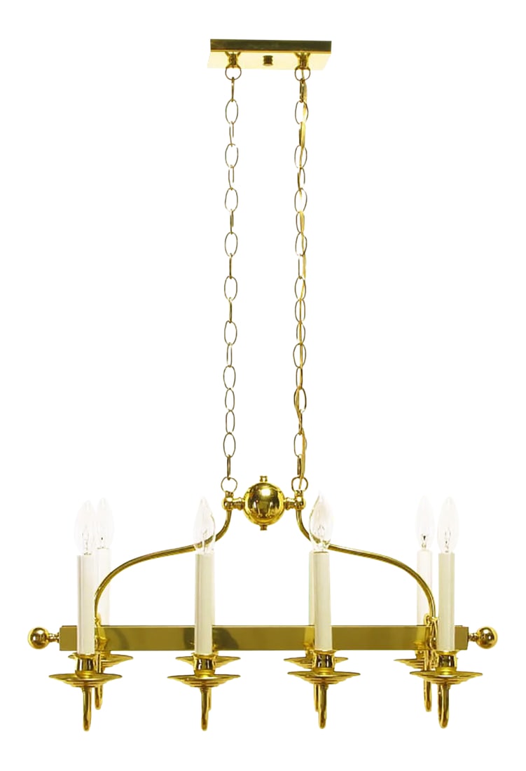 Eight-Arm Linear Brass Rectangular Chandelier: Elegant brass rectangular eight-arm chandelier with side finials on the brass bar center and eight sinuous arms. Double row of chain with center brass ball connector and rectangular canopy. Perfect