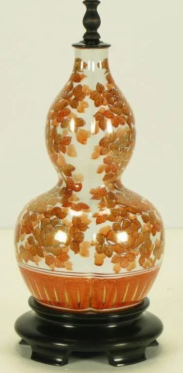 Hand Painted Persimmon Peonies & Parcel Gilt Table Lamp - 3