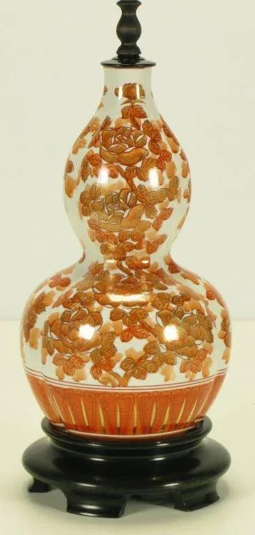 Hand Painted Persimmon Peonies & Parcel Gilt Table Lamp - 4