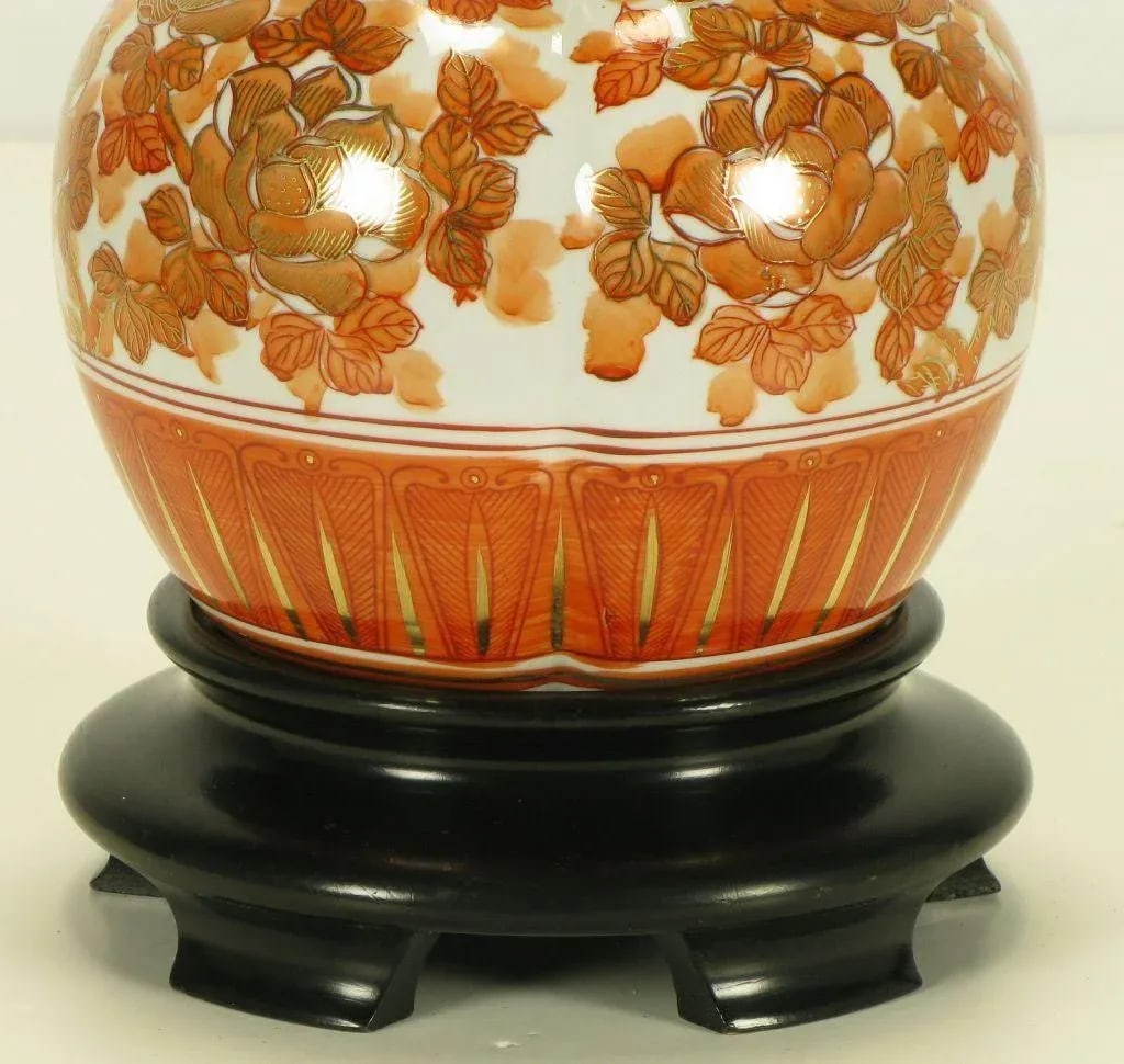 Hand Painted Persimmon Peonies & Parcel Gilt Table Lamp - 7