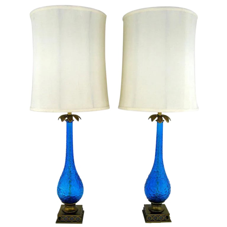 Bubble Textured Blue Glass Table Lamps With Brass Accents - a Pair (1 of 9)