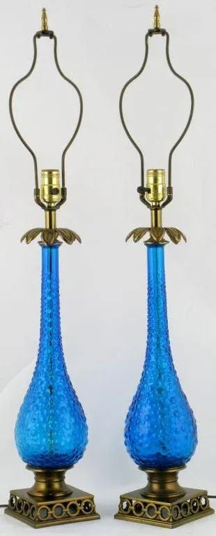 Bubble Textured Blue Glass Table Lamps With Brass Accents - a Pair - 2