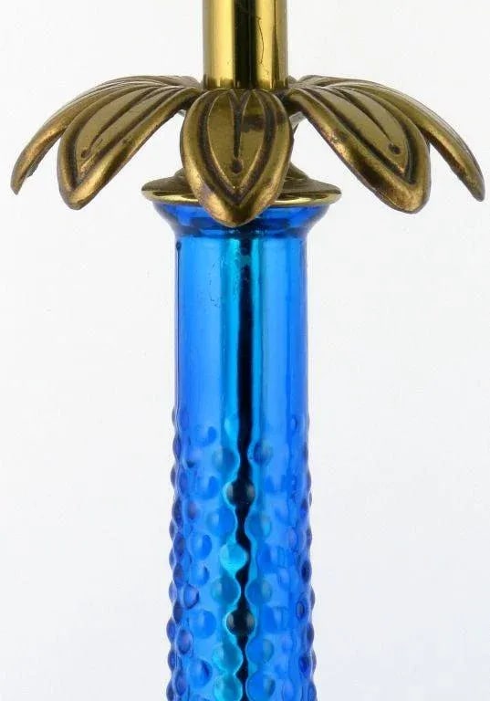 Bubble Textured Blue Glass Table Lamps With Brass Accents - a Pair - 3