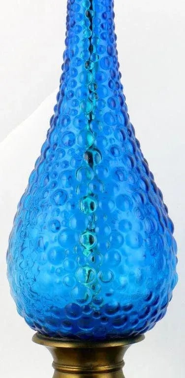 Bubble Textured Blue Glass Table Lamps With Brass Accents - a Pair - 4