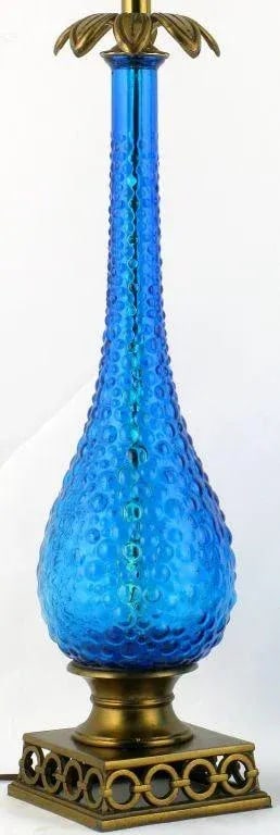 Bubble Textured Blue Glass Table Lamps With Brass Accents - a Pair - 5