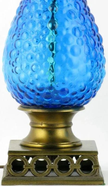 Bubble Textured Blue Glass Table Lamps With Brass Accents - a Pair - 6