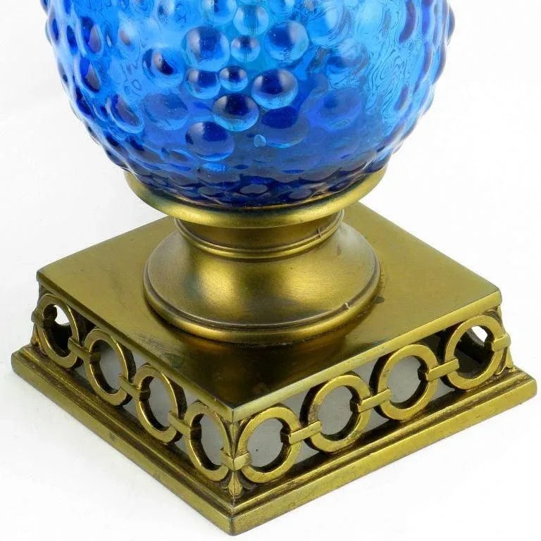 Bubble Textured Blue Glass Table Lamps With Brass Accents - a Pair - 7