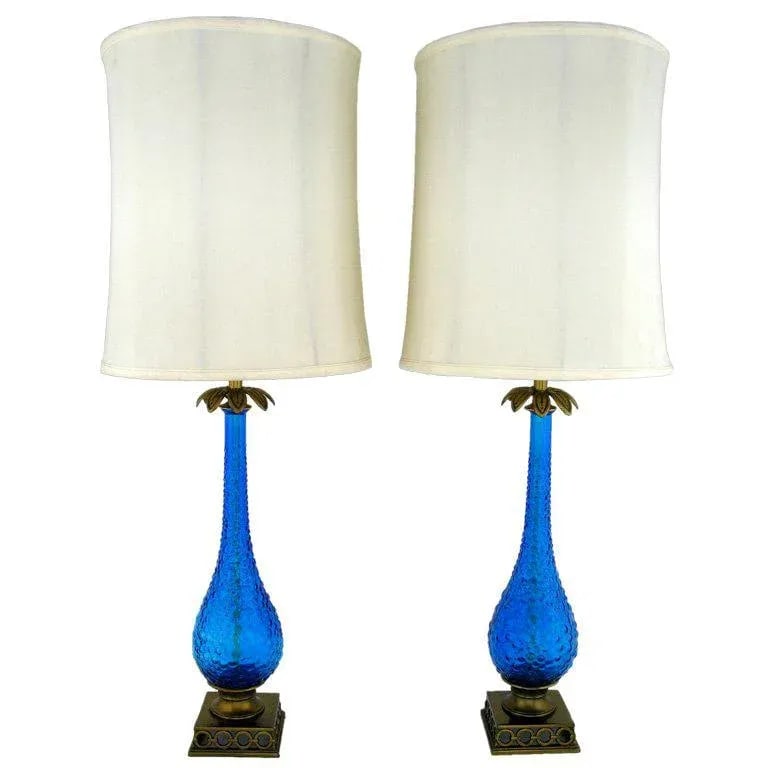 Bubble Textured Blue Glass Table Lamps With Brass Accents - a Pair - 9