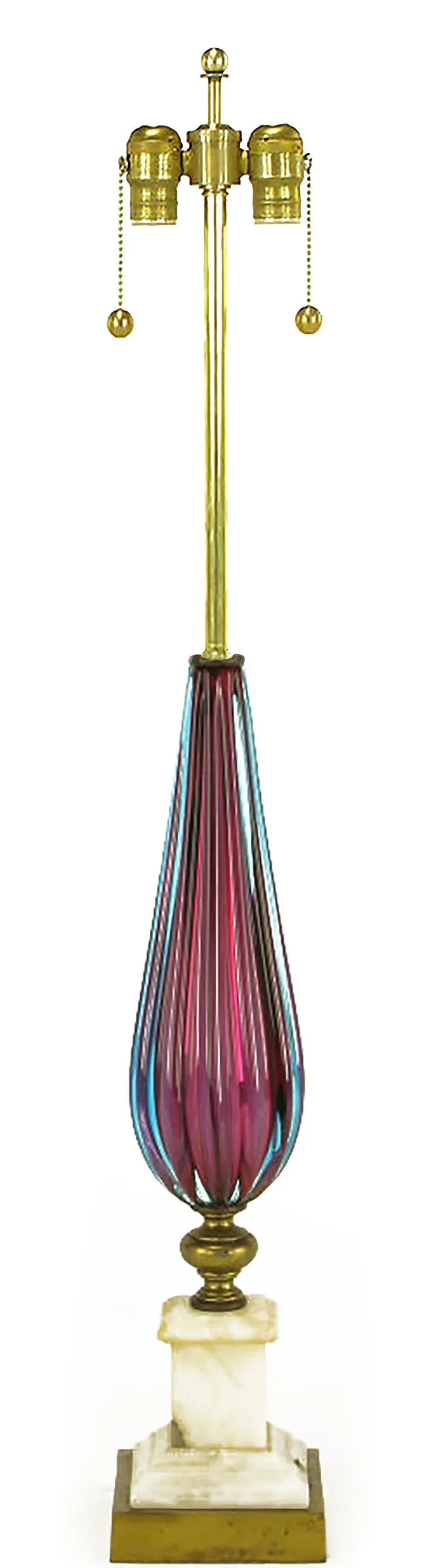 Reeded Amethyst & Aquamarine Murano Glass Table Lamp With Carrera Marble Base - 2