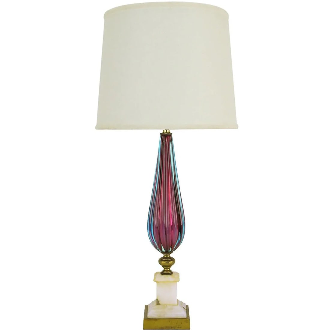 Reeded Amethyst & Aquamarine Murano Glass Table Lamp With Carrera Marble Base - 6