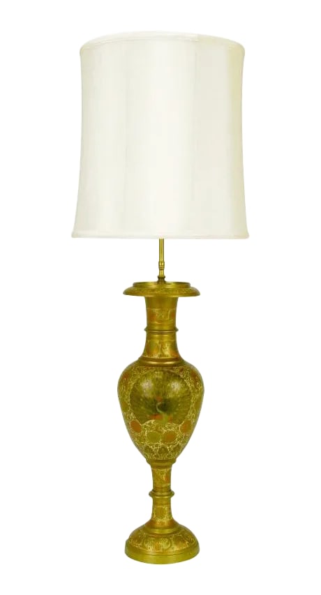 Incised Brass & Hand Painted Peacock Vase Form Table Lamp: Vase form brass table lap with incised design and hand painted lacquer details. Center peacock and floral painted detailing over etched brass. Sold sans shade. Condition: Alterations: Original Conditi