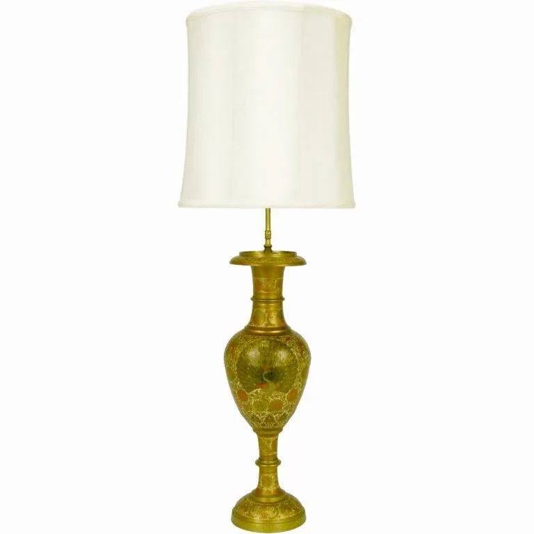 Incised Brass & Hand Painted Peacock Vase Form Table Lamp - 2