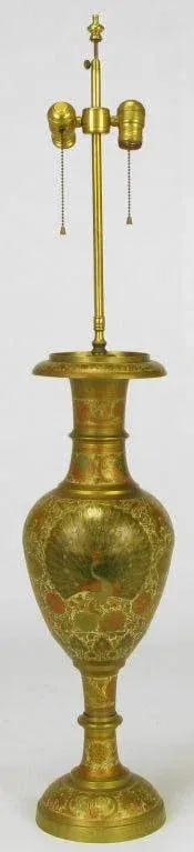Incised Brass & Hand Painted Peacock Vase Form Table Lamp - 3