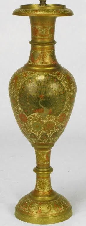 Incised Brass & Hand Painted Peacock Vase Form Table Lamp - 4