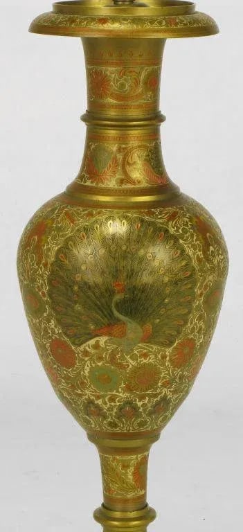 Incised Brass & Hand Painted Peacock Vase Form Table Lamp - 5