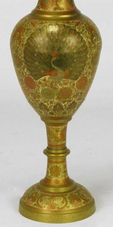 Incised Brass & Hand Painted Peacock Vase Form Table Lamp - 6