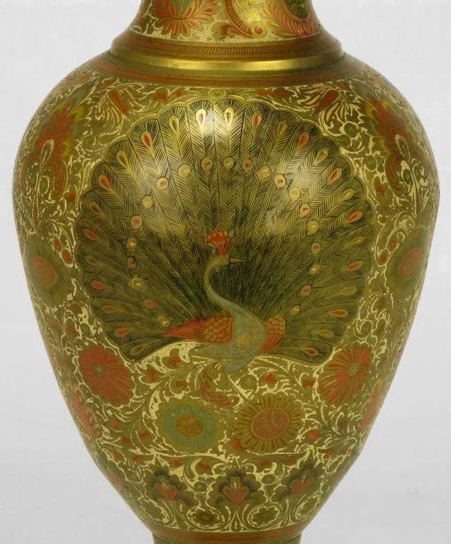 Incised Brass & Hand Painted Peacock Vase Form Table Lamp - 7