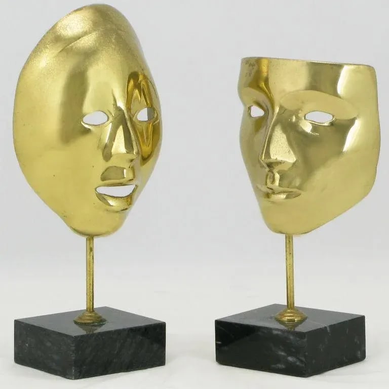 Brass Carnivale Masks Mounted on Black Marble - a Pair - 2