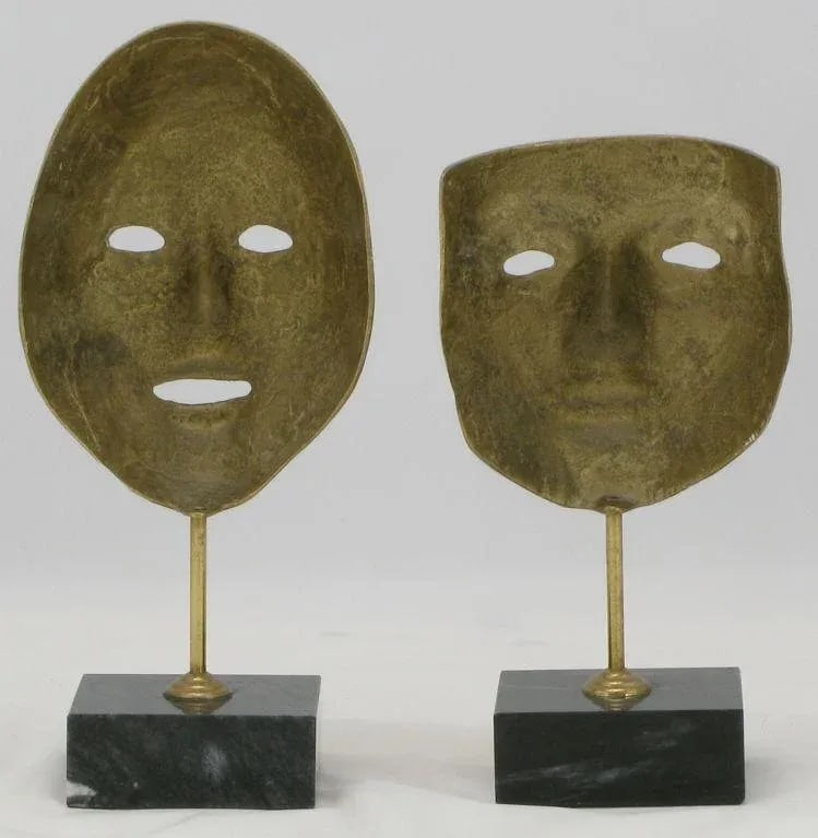 Brass Carnivale Masks Mounted on Black Marble - a Pair - 3