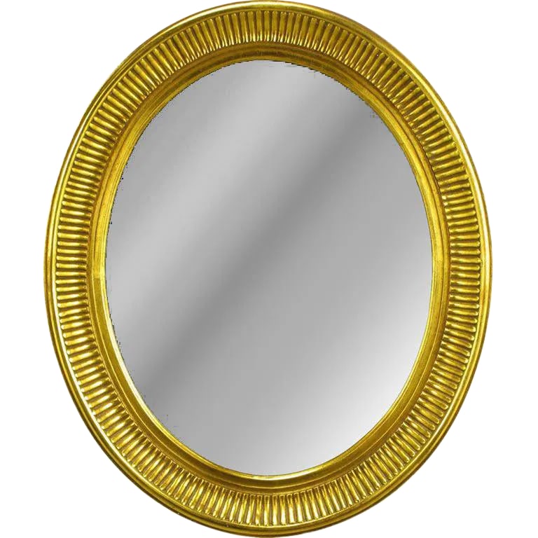Carved Wood & Gilt Oval French Regency Style Mirror: Hand carved from heavy wood, and beautifully finished in aged gold leaf, this oval French regency mirror is both understated and striking. Backed by a wood panel, a truly fine vintage mirror. Conditio