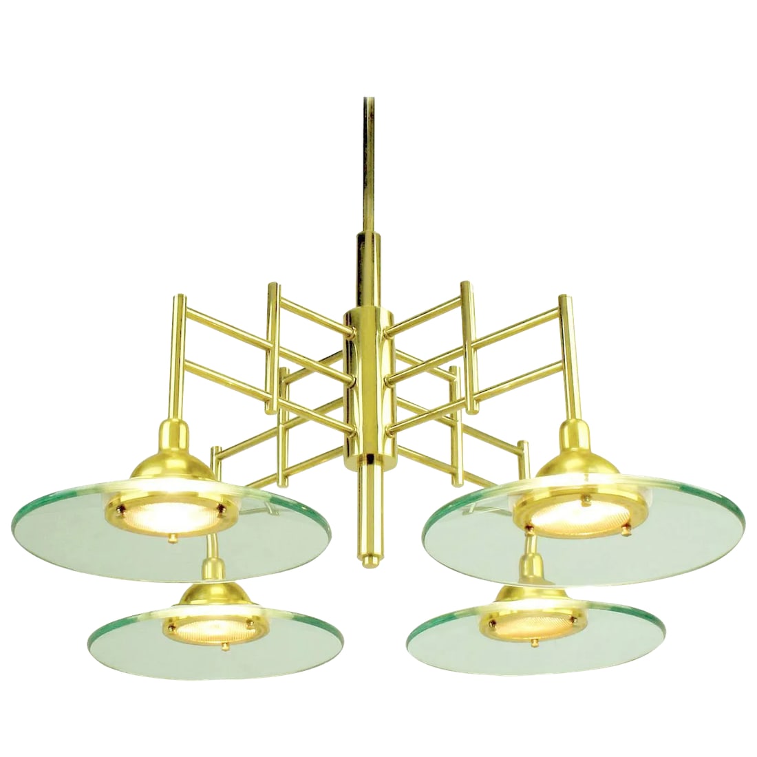 Architectural Four-Light Brass and Glass Pendant Halogen Chandelier (1 of 8)