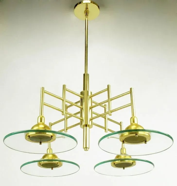 Architectural Four-Light Brass and Glass Pendant Halogen Chandelier - 2