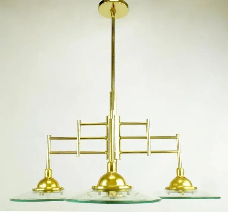 Architectural Four-Light Brass and Glass Pendant Halogen Chandelier - 3