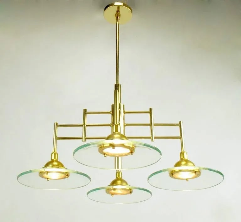 Architectural Four-Light Brass and Glass Pendant Halogen Chandelier - 4
