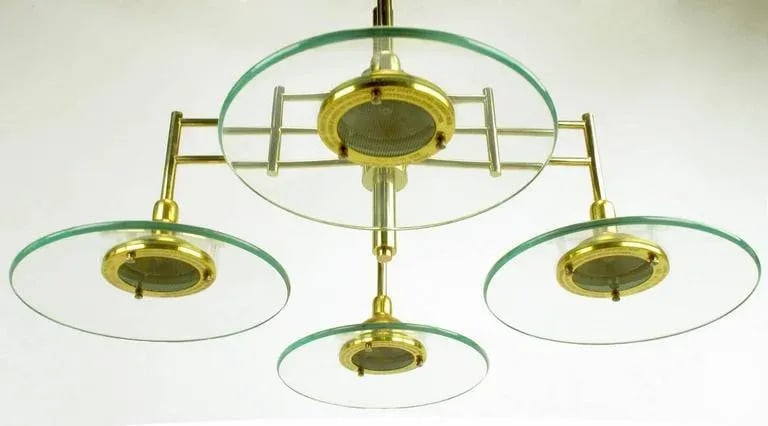 Architectural Four-Light Brass and Glass Pendant Halogen Chandelier - 5