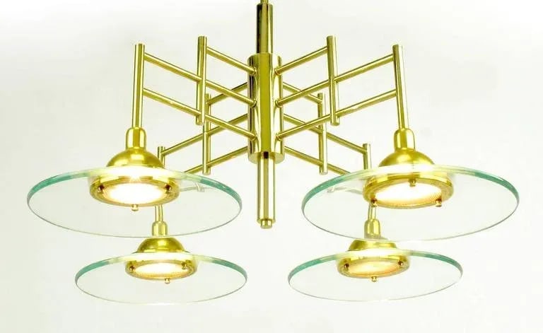 Architectural Four-Light Brass and Glass Pendant Halogen Chandelier - 6