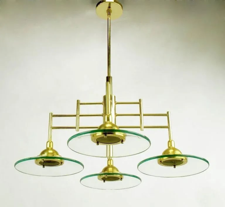 Architectural Four-Light Brass and Glass Pendant Halogen Chandelier - 8