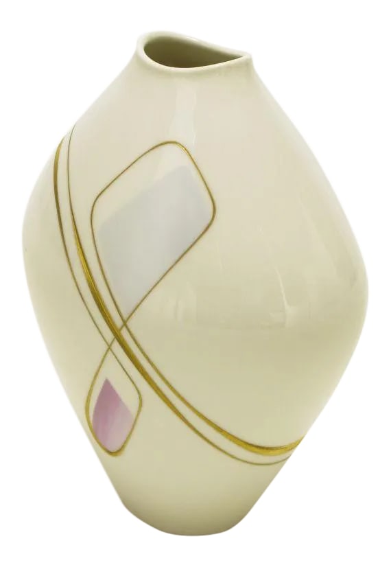 Heinrich Porcelain Vase With Gilt, Lavender & Sky Blue Details: Heinrich hand cut porcelain glazed vase with lavender and light blue details and parcel gilt hand painted details. Condition: Alterations: Original Condition Unaltered Imperfections: Some