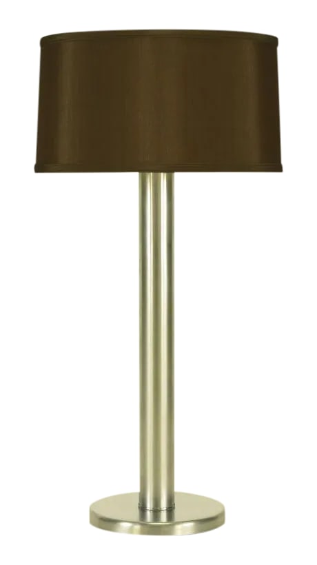 Brushed Steel Cylinder Table Lamp After Nessen.: Brushed steel cylinder table lamp with brushed steel base. Double socket illumination with top side three way switch. Attributed to Walter Von Nessen Lighting, NY. Diameter measurement is of the base;