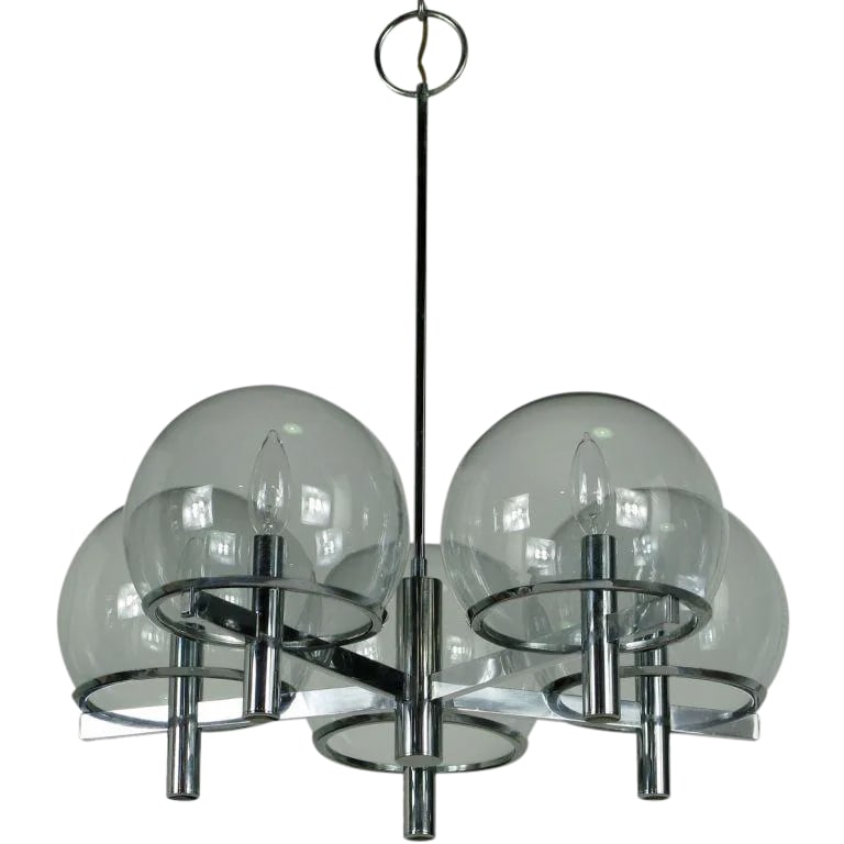 Gaetano Sciolari Chrome & Smoked Glass Five-Arm Chandelier: Italian modern five arm chrome and smoked glass globe chandelier by Gaetano Sciolari. Five chrome flat bar arms connect to the center chrome column, and appear to pierce each cylinder housing the sock