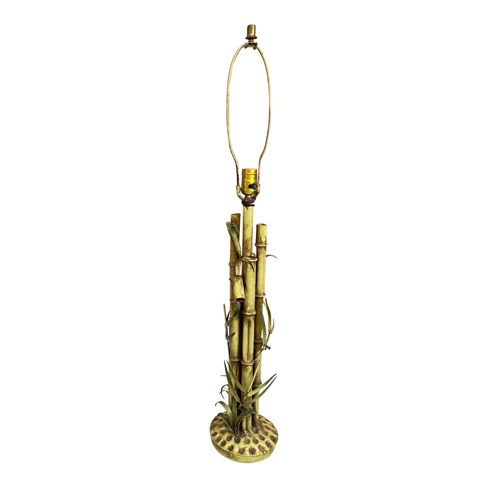 Mid Century Coastal Bamboo Metal Toile Lamp: Vintage metal Italian tole faux bamboo lamp. Muddy light green with brown accents. Condition: Alterations: Original Condition Unaltered Imperfections: Some Imperfections Condition Notes: Being sold