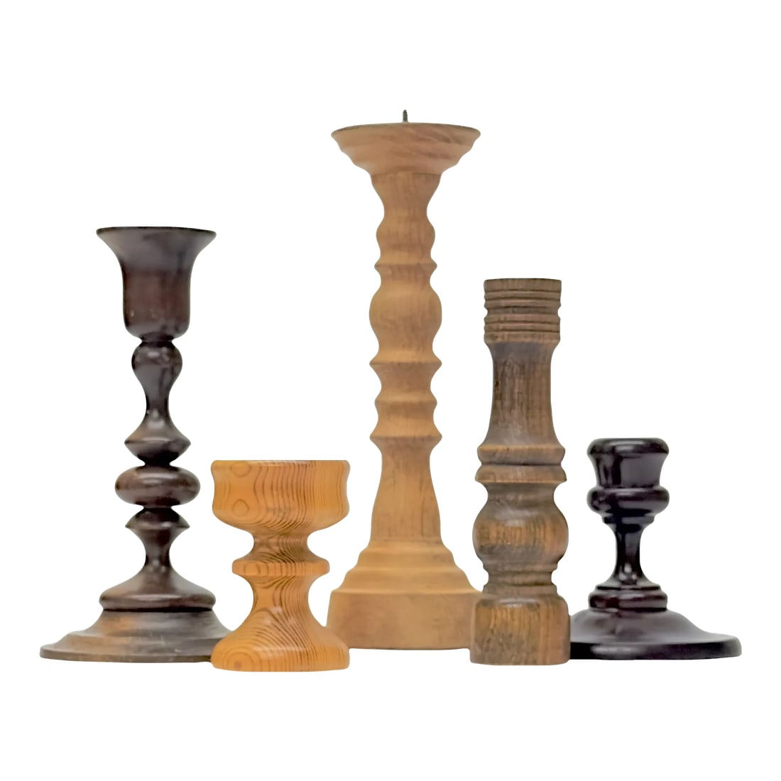 Multi-Toned Vintage Wooden Candle Holder Curation - Group of 5: Neutral wooden candle holders, group of 5. Beautiful set of assorted neutral multi-toned wooden candle holders from the mid 20th century. Shortest: 3.75"H Tallest: 10"H Condition: Alterations: Origina