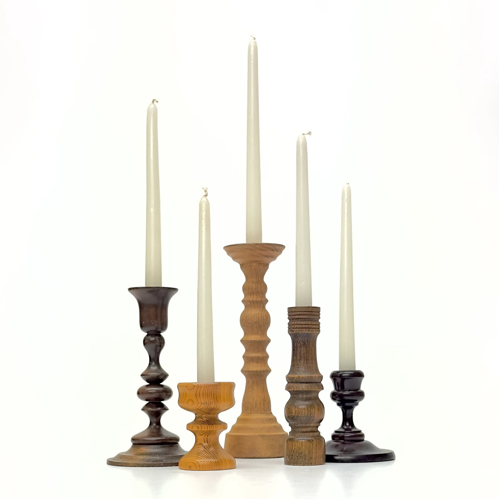 Multi-Toned Vintage Wooden Candle Holder Curation - Group of 5 - 2