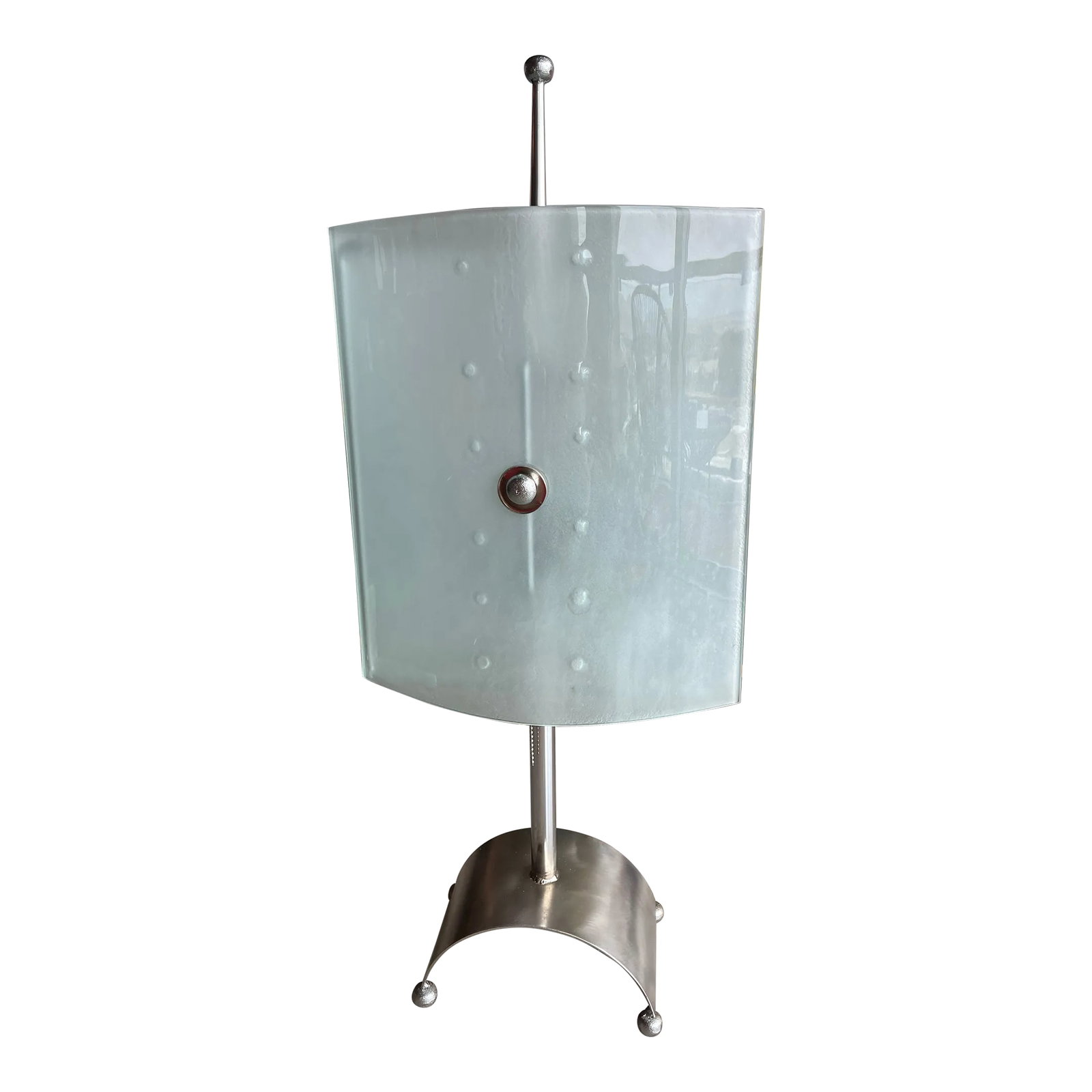 80s Monumental Glass Panel Steel Lamp Postmodern Fontana Arte Fratelli Martini Ponti Tronconi Style: This commanding 34-inch monumental lamp exemplifies the sculptural "High-Tech" movement of the 1980s, merging industrial materials with elegant Italian geometry. The design features a pair of massive,