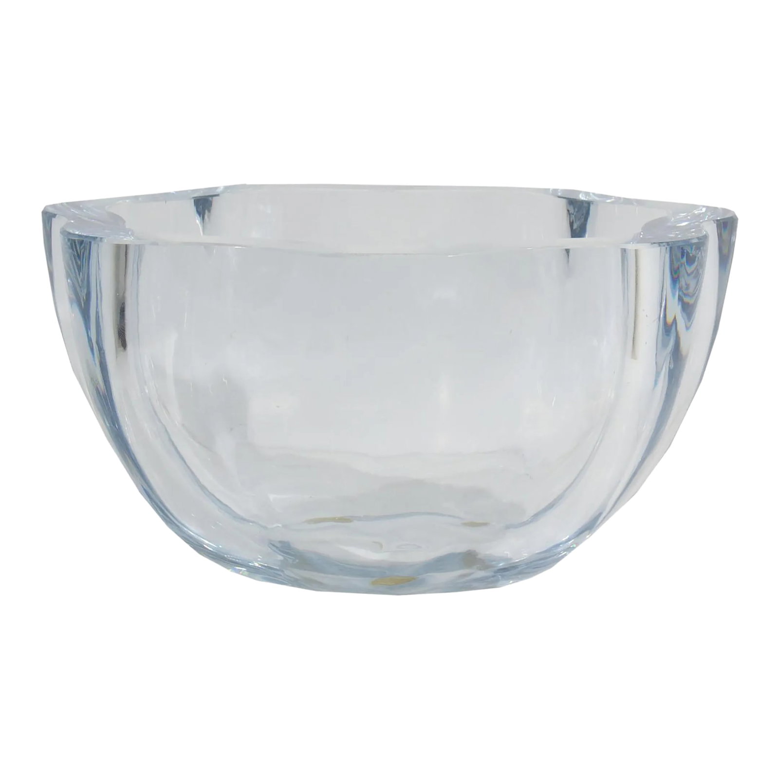 Strombergshyttan Swedish Blue Crystal Glass Bowl: A crystal glass bowl produced by Strombergshyttan. Made in Sweden, this bowl is made from a light blue glass and featured a scalloped design. The underside of the bowl is marked "Strombergshyttan 495"
