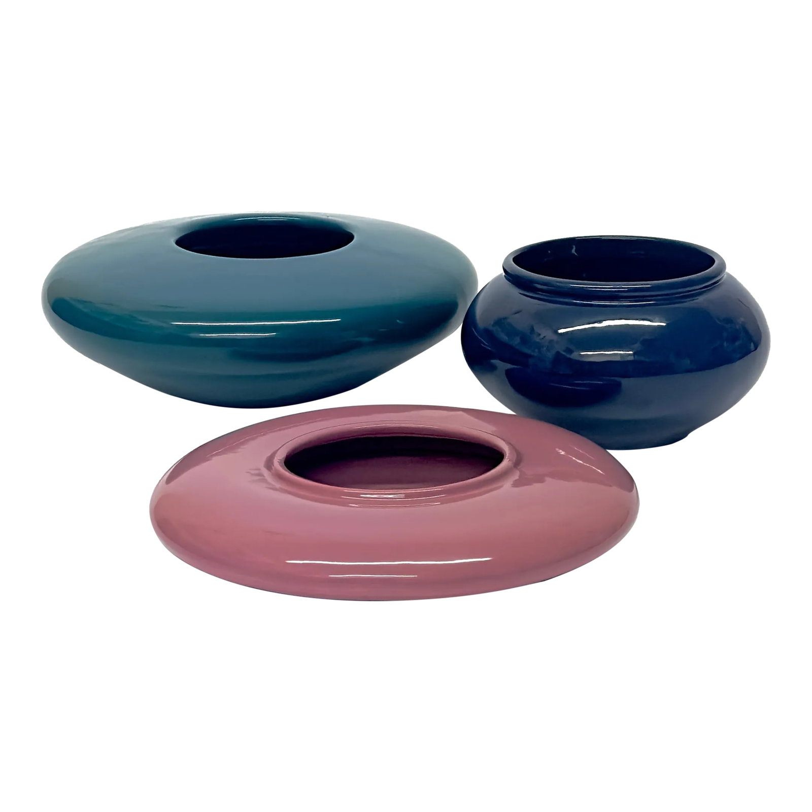 Mid Century Modern Jewel Toned Ceramic Planter Curation - Group of 3: Jewel toned ceramic planters, group of 3. A beautiful set of jewel toned rounded ceramic planters from the mid 20th century. These are in a navy, mauve, and teal colorway. Shortest: 1.5"H Tallest: 4"H