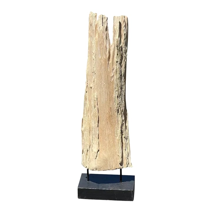 Indonesian Wooden Sculpture On Stand: This beautiful sculpture is made from reclaimed teak wood and it's mounted on a custom iron base. Truly a natural beauty, this decorative object is a work of organic art that fills your space with