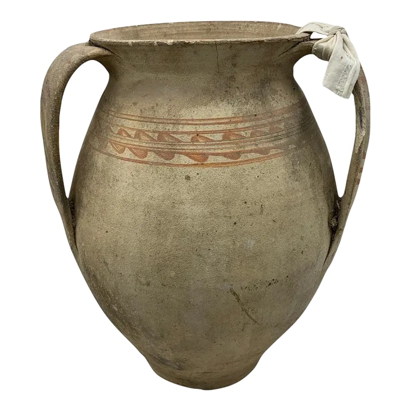 Antique Hungarian Folk Art Cooking Pottery: This antique two-handle terra cotta vessel from Hungary is a wonderful addition to any Farmhouse decor. The rustic pottery showcases a subtle hand-painted Hungarian Folk Art design peaking through