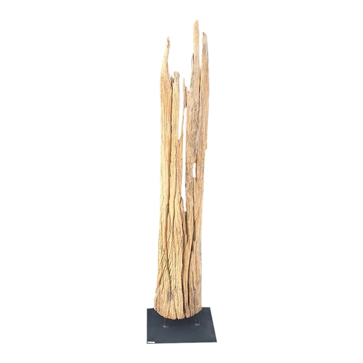 Antique Driftwood On Metal Stand: An antique driftwood carving hailing from the Chiang Mai Region of Northern Thailand has been placed on a custom metal stand to create a sculptural effect. This weathered piece of driftwood presents