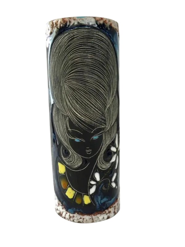 1960s Small Hand Etched Bouffant Hair Woman Ceramic Vase Studio Made: Small studio made ceramic vase with a hand etched bouffant hair woman from 1960s. Sky blue inside, white drip over brown and matte black finishes. Excellent condition. No damages. 8" high, 2.75" in