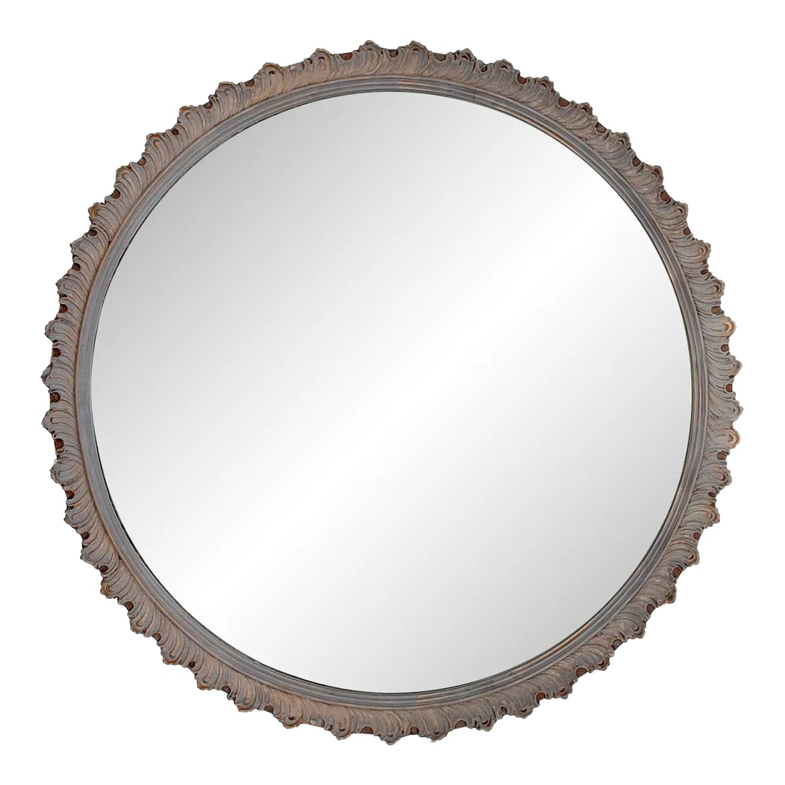 Early 20th Century Greige Round Gessoed Wood Mirror Accented in Gold: A stunning Art Deco-style mirror featuring the original glass. The swirl motif frame is hand painted in a natural greige/euro linen paint is accent in gold then waxed. There are some defects to the gl