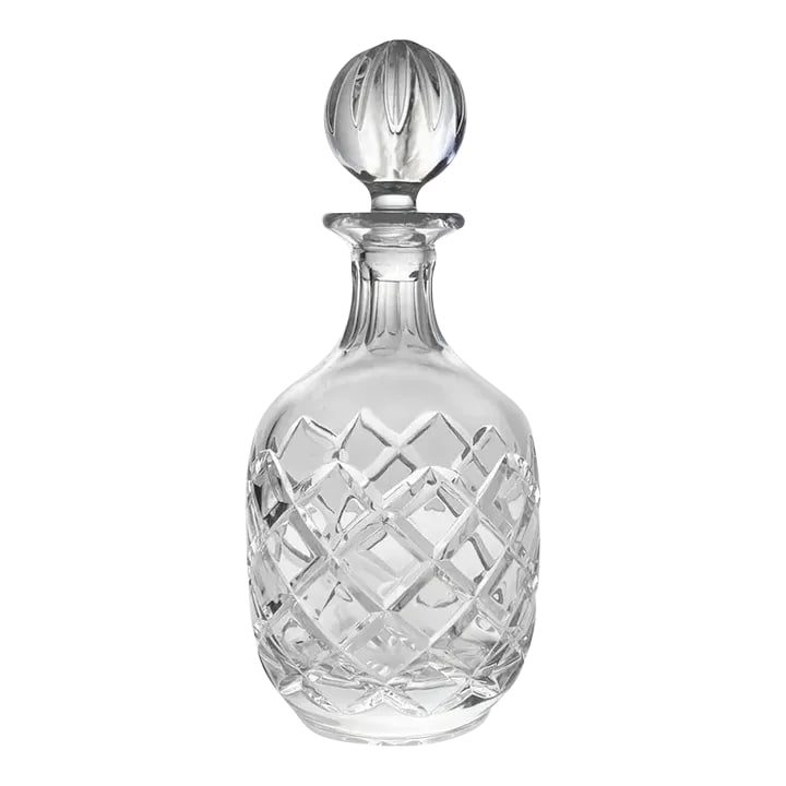 1990s Round Bulbous Crystal Wine Decanter, Criss-Cross Cuts: 1990s Round Bulbous Crystal Wine Decanter, Criss-Cross Cuts 10.75" 32oz Barware No chips, cracks, or fleabites. Height 11 1/4" Length 5" Holds 32oz Circa 1990s Condition: Alterations: Original C