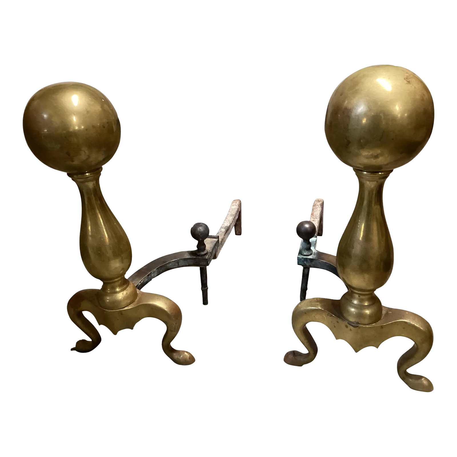 Large 1940s Brass Cannonball Andirons- a Pair (1 of 3)