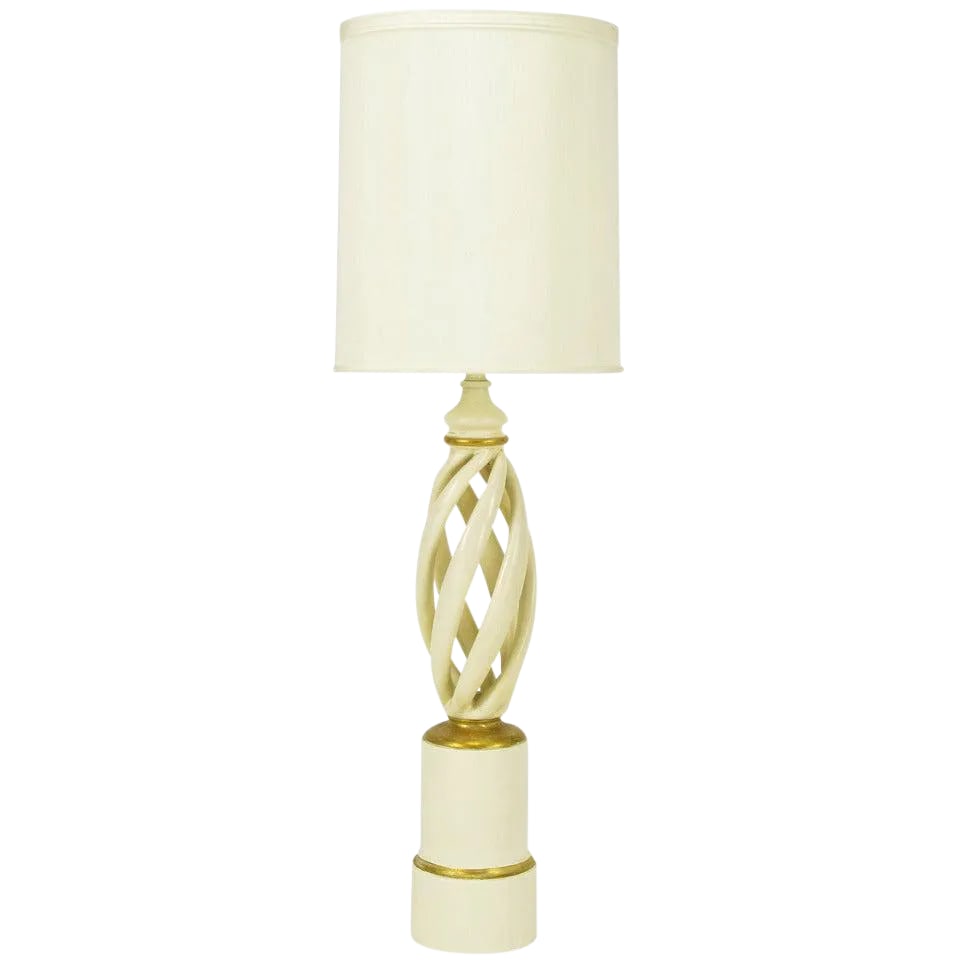 Frederick Cooper Ivory & Gilt Twisted Table Lamp: Vintage Frederick Cooper table lamp with carved wood base, open spiral carved oval center and lacquered metal stem. finished in the original ivory lacquer with gilt detailing and the original milk gla